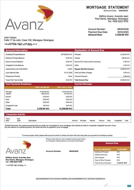 Download Nicaragua Banco Avanz mortgage statement Word and PDF template Photoshop template